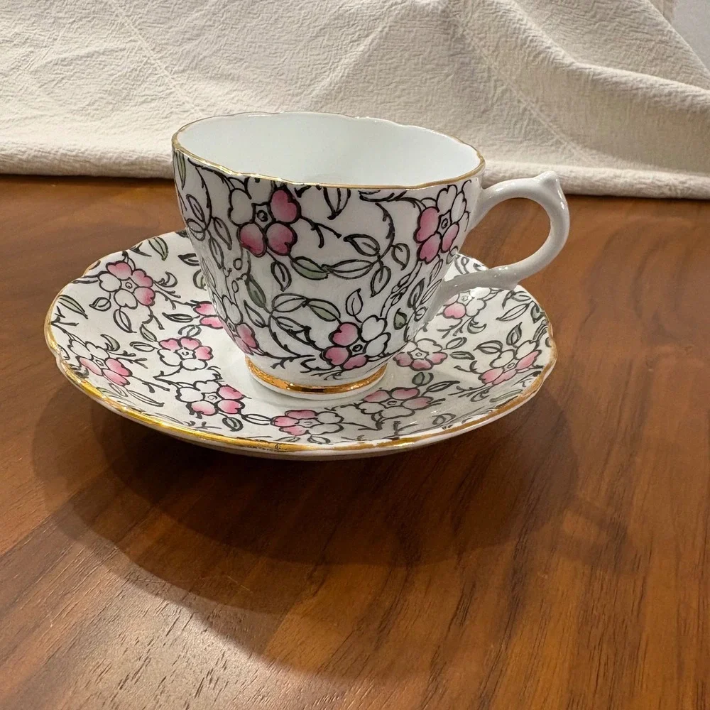 English Castle, Tea Cup and Saucer, Pink White, OS, Excellent